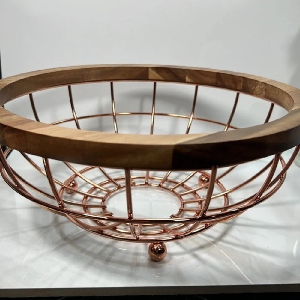 Acacia Wood and Wire‎ Fruit Basket with Copper Finish